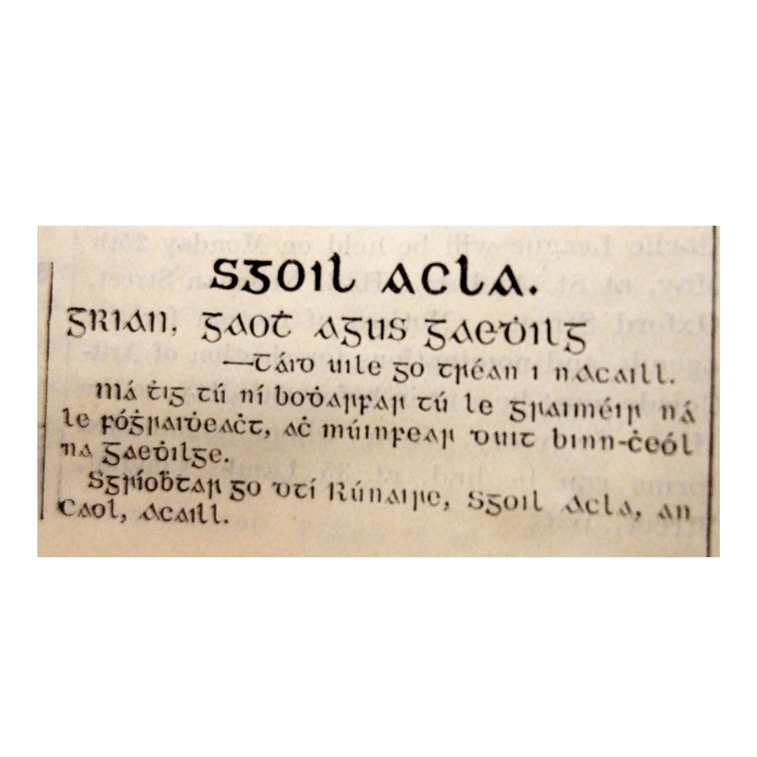 Historic Gaelic-script advertisement: Grian, gaot agus Gaedhilg — sun, wind and Gaelic